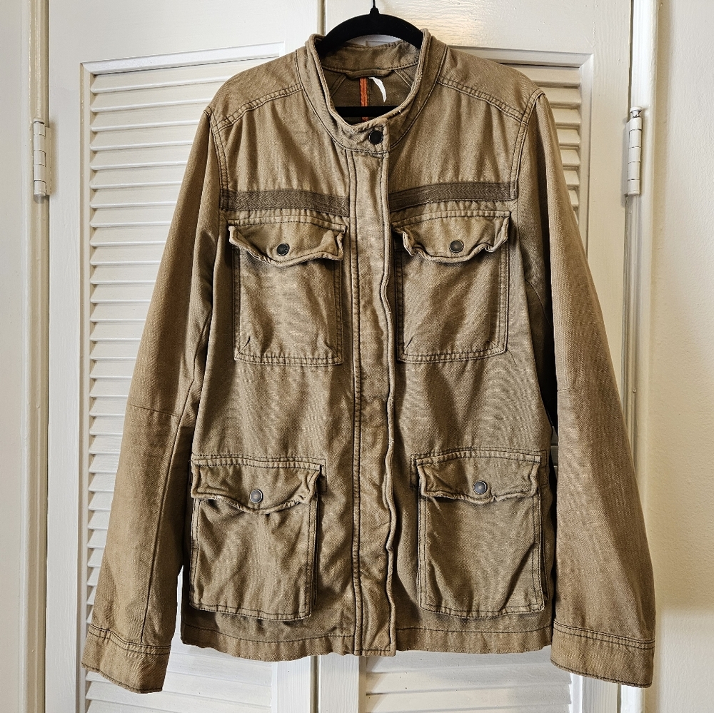 Free People Army Jacket Pockets Zipper Snaps Bias Bound Seams Unlined Cotton